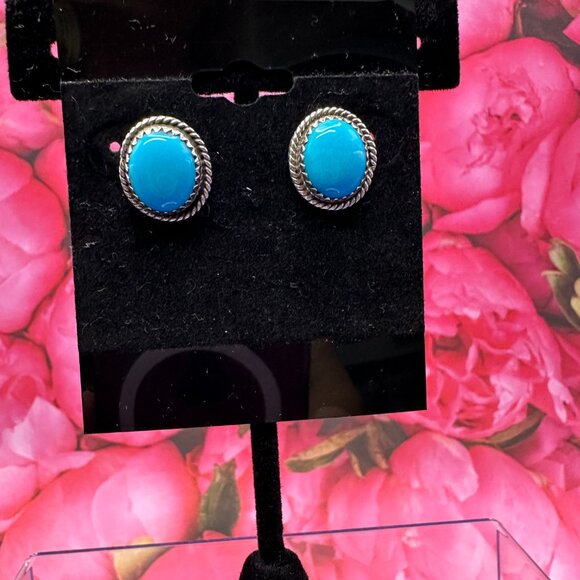 Sterling Silver & Turquoise Colored Cabochon Post Earrings - Picture 9 of 12